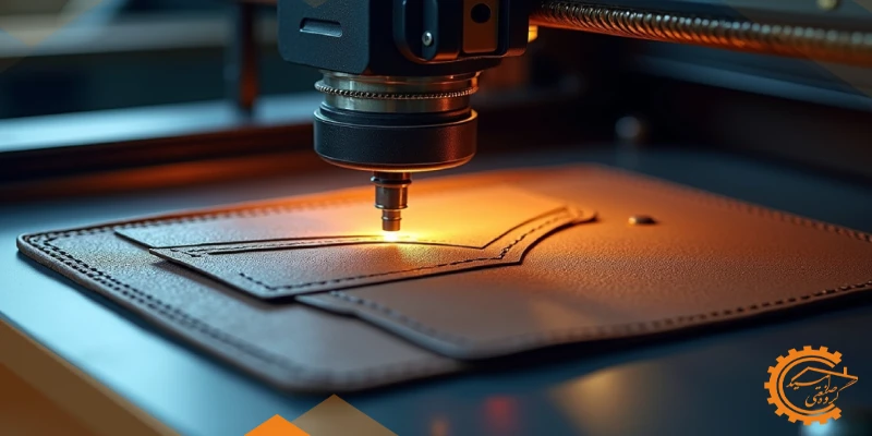 دستگاه برش لیزر در حال برش دقیق چرم و پلاستیک برای تولید قطعات داخلی خودرو.